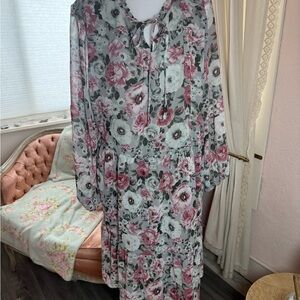 Floral Tie-Neck Midi Dress in Dusty Rose and Sage